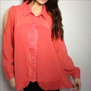 Semi Sheer Brass Studded Cold Shoulder Long Sleeve Button Down Blouse Top NEW